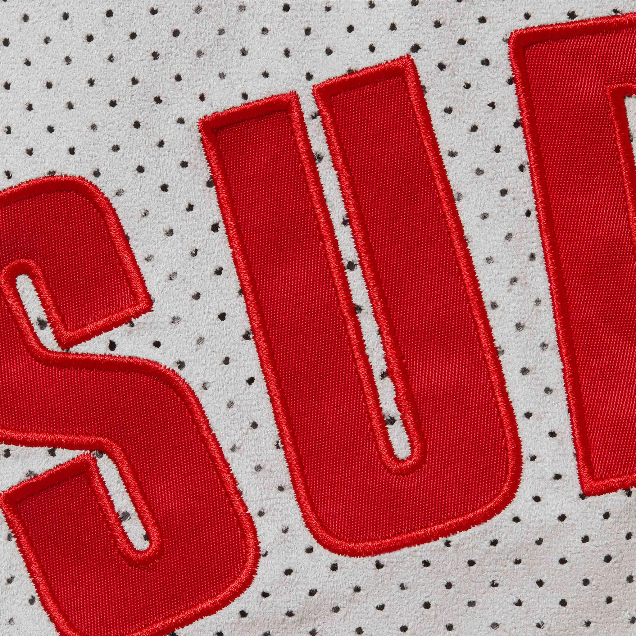 Detail view of Supreme Ultrasuede Mesh Baseball Grey Shorts